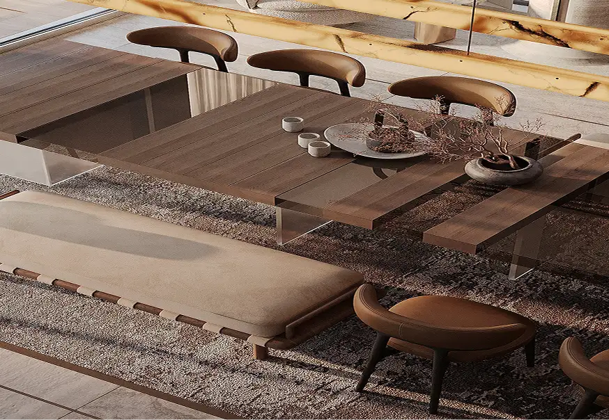 Curated dining interior with warm wood and sculptural seating