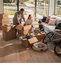 Family relocating with moving boxes
